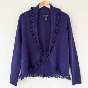 Bloomingdale's Dark Purple 100% Cashmere Fringe Open-Front Cardigan, Size M